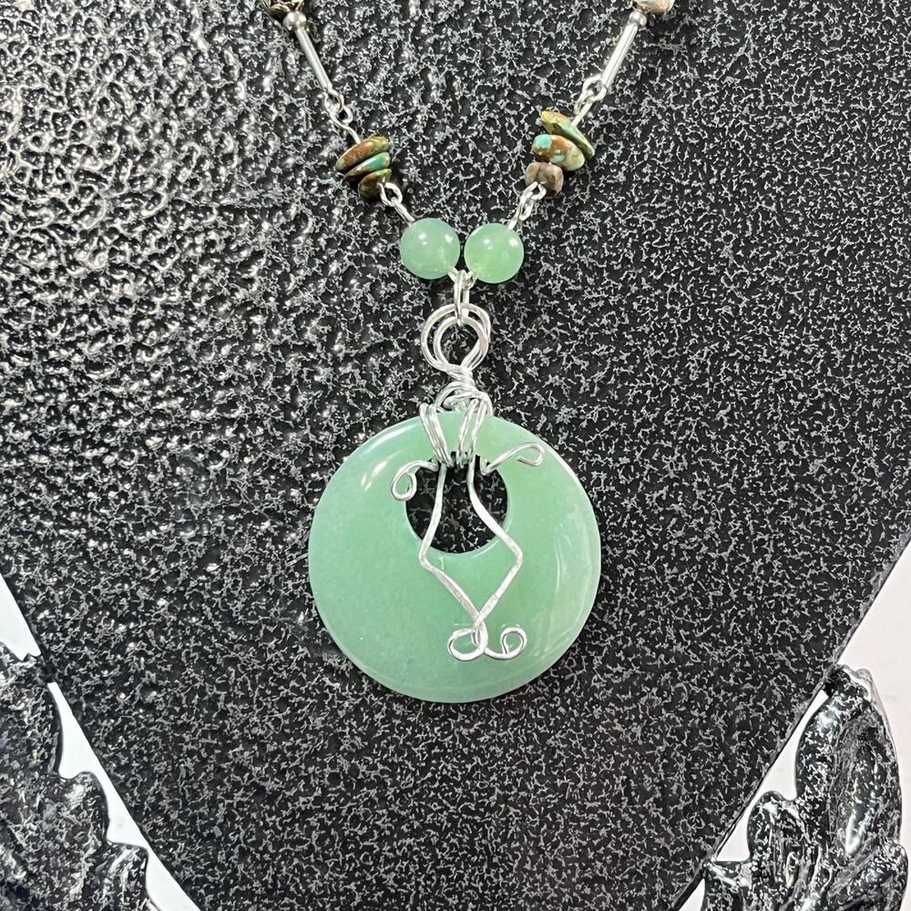 Handcrafted Unique Green Aventurine Donut Silver Wire Wrapped Bead 23 inches